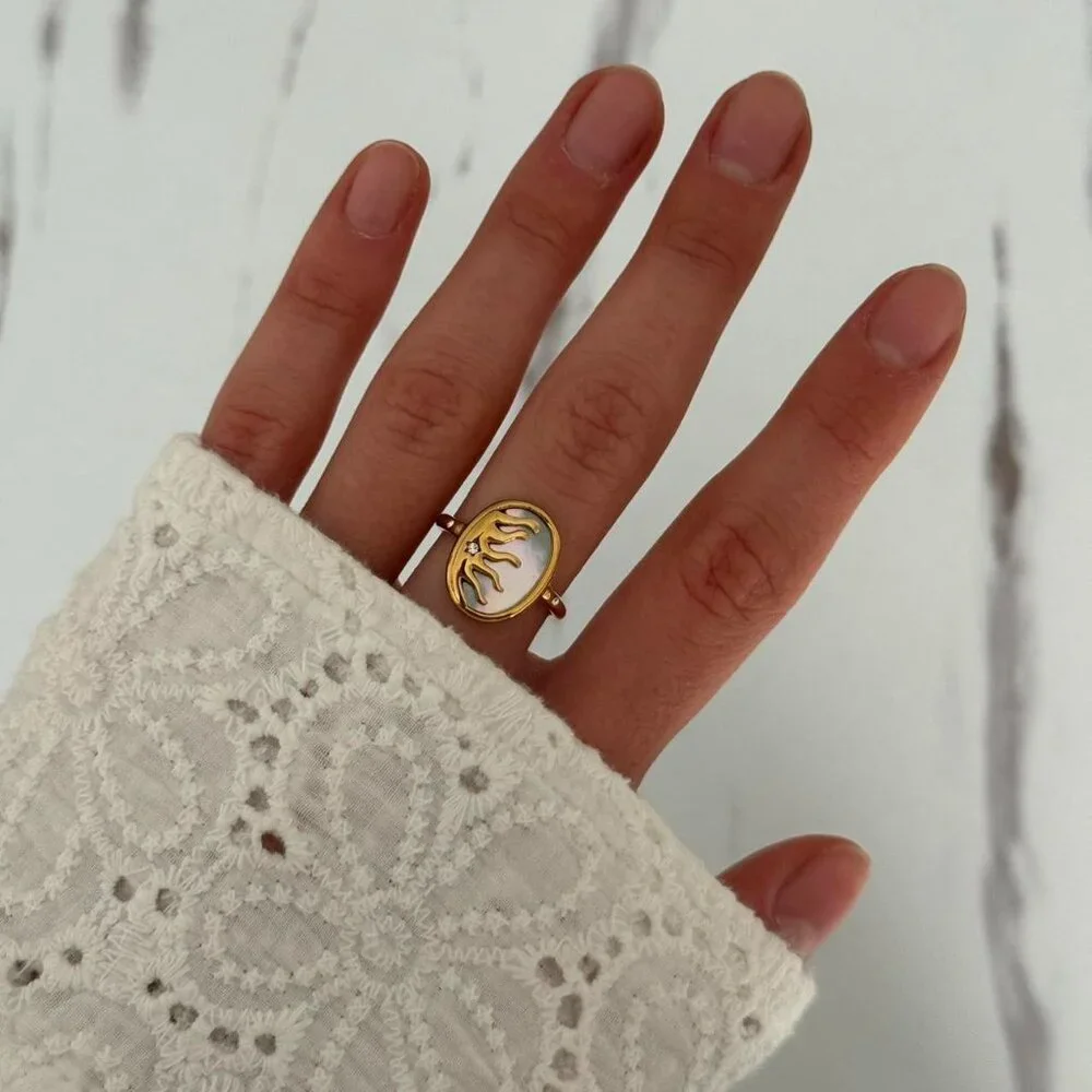 Sku:0362 gold ring sun pearl moon stone zircon stone made of stainless‎ steel
